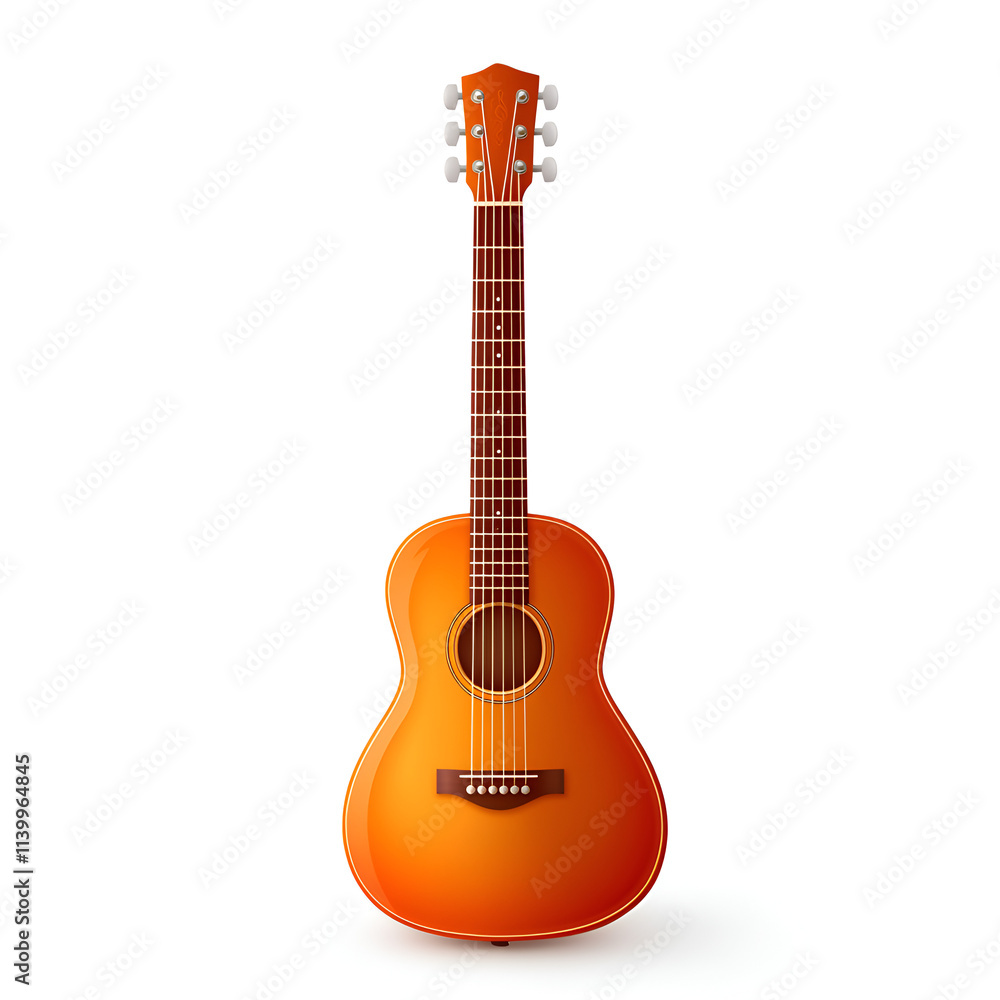 A vibrant orange acoustic guitar displayed in a vertical position against a white background. A vibrant orange acoustic guitar displayed in a vertical position against a white background.