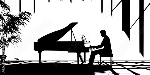 Musician composing a song on a grand piano in a sunlit room, Digital Art