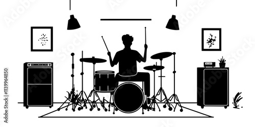 Musician practicing drumming techniques in a soundproof room, Digital Art