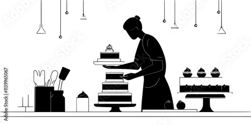 Person arranging cake layers for assembly on a countertop workspace, Digital Art
