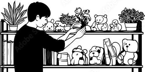 Person arranging plush toys on a shelf for display purposes, Digital Art