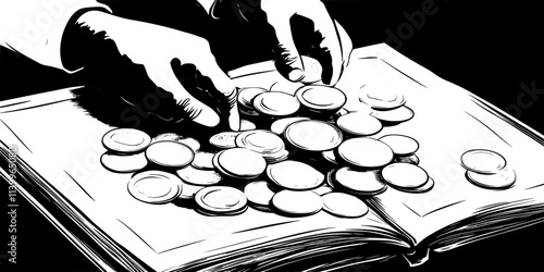 A person arranging their commemorative coins by year of issue in a collector's album, Digital Art