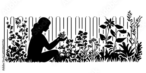 Person dividing and replanting perennial plants in a small backyard garden, Digital Art