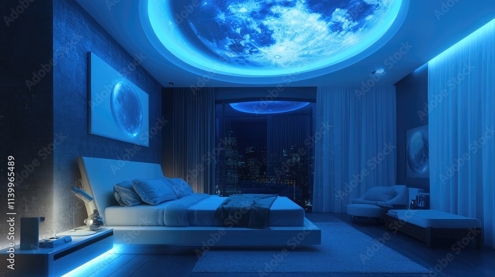 Modern Bedroom Design with Celestial Ceiling and City View Modern Bedroom Design with Celestial Ceiling and City View