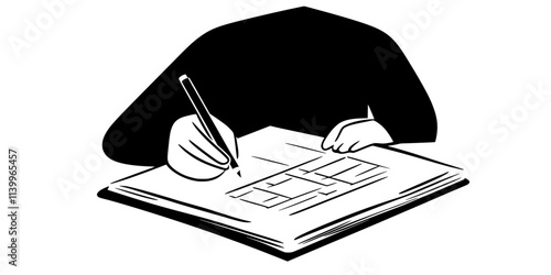 Person filling out grammar exercises in a language coursebook, pen on paper, Digital Art