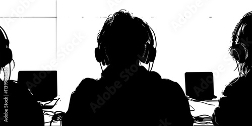 A person focusing on listening exercises during a language class, Digital Art