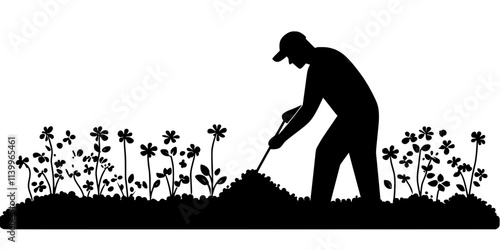 Person fertilizing the soil around perennials in a large garden bed, Digital Art