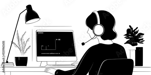 A person listening to vocabulary drills on a language learning podcast, Digital Art