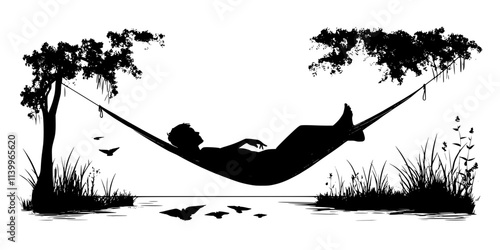 Person lying in a hammock between trees at a quiet campsite, Digital Art