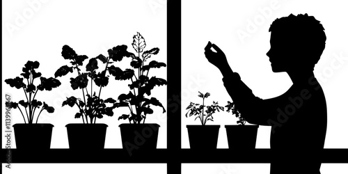 Person monitoring plant growth in a hydroponic system on a windowsill, Digital Art