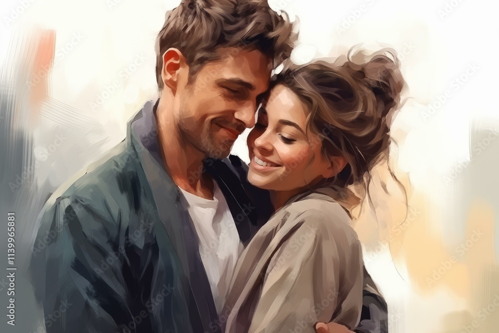 Romantic painting of a happy couple embracing and smiling at each other, celebrating their love and connection Romantic painting of a happy couple embracing and smiling at each other, celebrating their love and connection