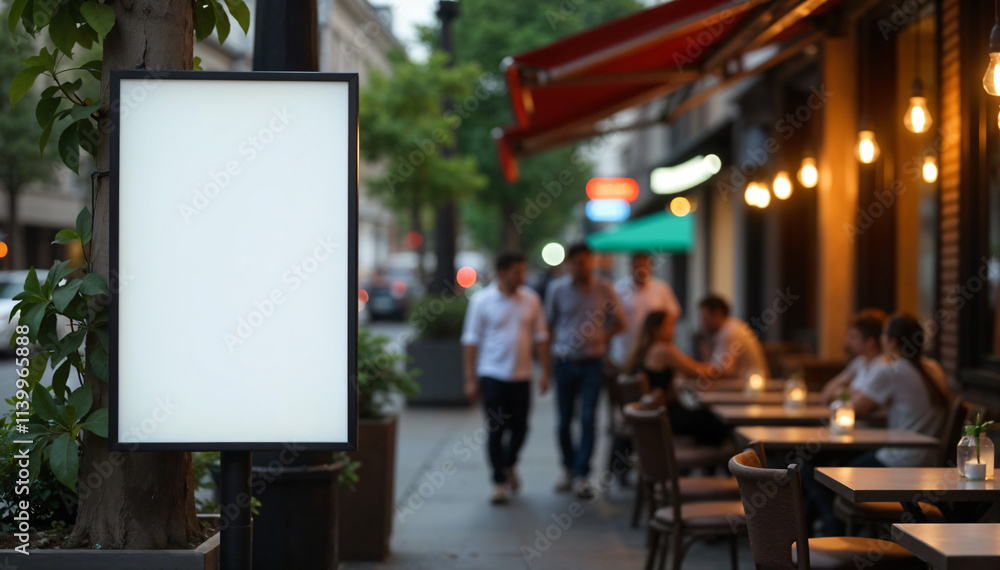 Small Mockup Billboard for Menu, Restaurant, Cafe, Dinner, Pedestrians in the City, Blurred Background on Wooden Table, Outdoor with Sunset Light Small Mockup Billboard for Menu, Restaurant, Cafe, Dinner, Pedestrians in the City, Blurred Background on Wooden Table, Outdoor with Sunset Light