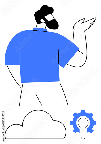 Man gesturing with hand, cloud storage icon, and gear with wrench for IT services themes. Ideal for tech support, cloud computing, technical assistance, IT management, digital tools, online services