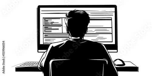 A person reading an article in a foreign language on their computer screen, Digital Art