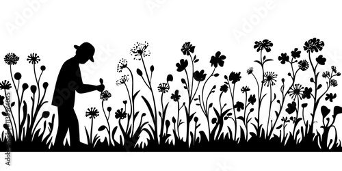Person pruning the stems of perennial plants in a large outdoor flower bed, Digital Art