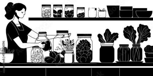 A person sealing jars containing fermenting vegetables on a kitchen counter, Digital Art