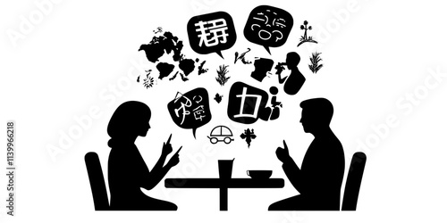 A person sitting with locals at a table, practicing a foreign language, Digital Art