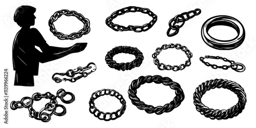 Person sorting through various rings and chains on a table during an exhibition, Digital Art