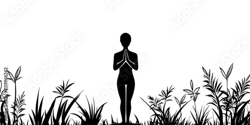 A person standing in a tree pose, hands together in front of chest, Digital Art