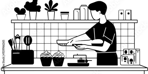 Person spreading icing over cupcakes displayed on a kitchen countertop, Digital Art