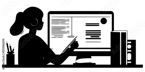 A person taking notes while watching an online language course, Digital Art