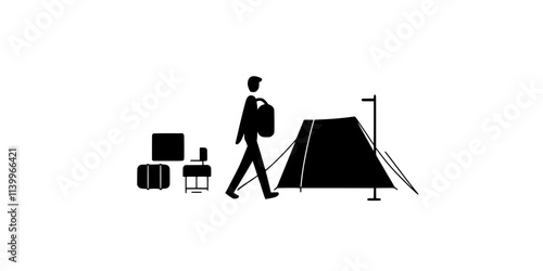Person walking toward a prepared tent with furniture and amenities, Digital Art