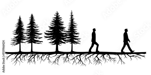 Person walking along a trail in a forest with visible roots on the ground, Digital Art