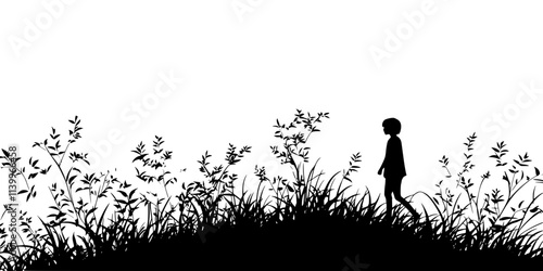 A person walking through a field of tall grasses and bushes, Digital Art