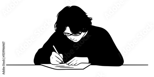 Person writing a personal letter in a foreign language during a lesson, paper and pen, Digital Art