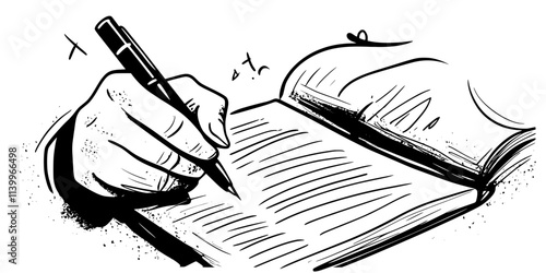 A person writing sentences in a foreign language on a notebook page, Digital Art
