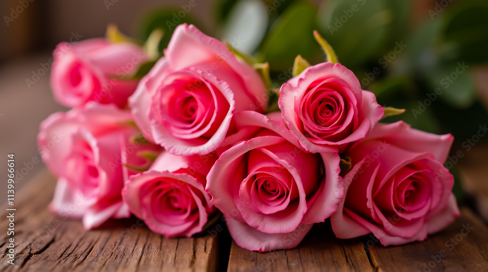 A bouquet of pink roses is arranged on a wooden table A bouquet of pink roses is arranged on a wooden table