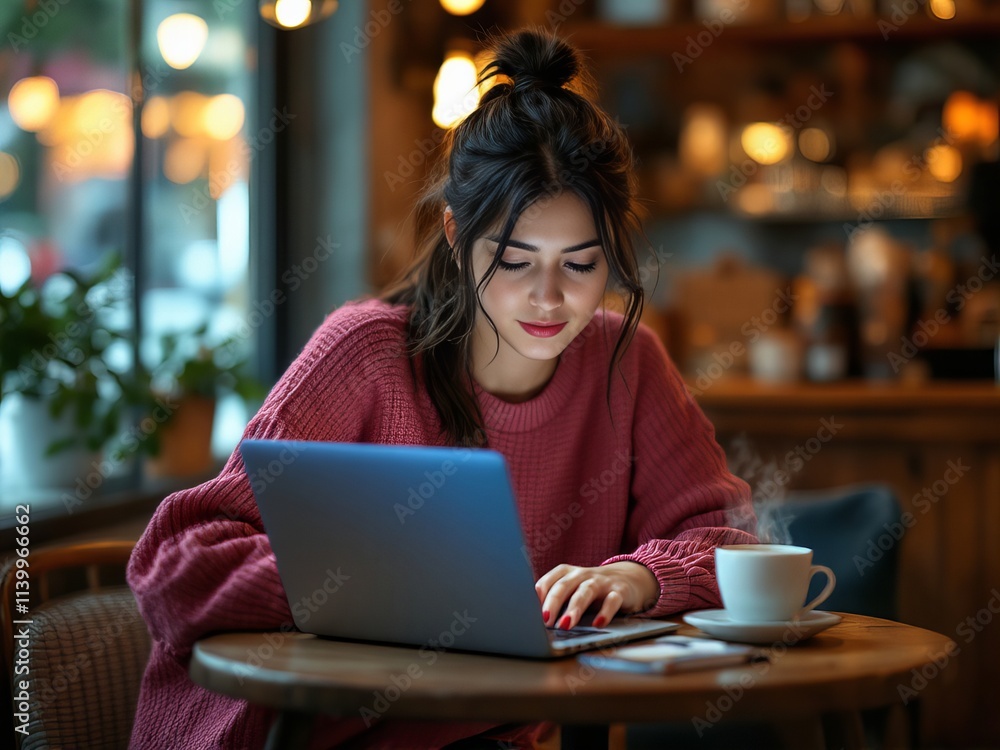 Woman Working on Laptop in Cozy Café, Remote Work, Freelancing, Study or Online Learning, Modern Coffee Shop Environment Woman Working on Laptop in Cozy Café, Remote Work, Freelancing, Study or Online Learning, Modern Coffee Shop Environment