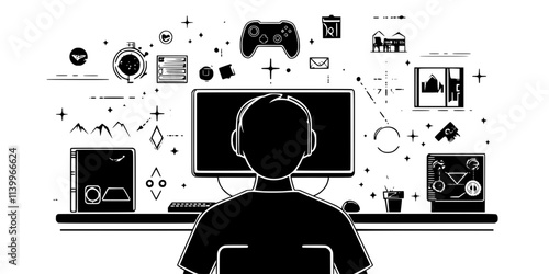 A player exploring a virtual world while completing quests and gathering items, Digital Art