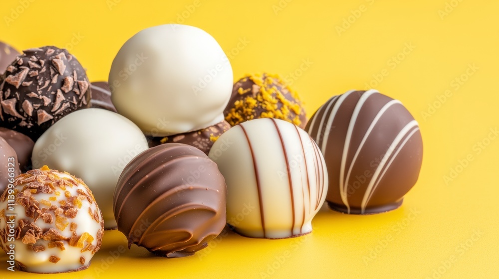 Delicious Assorted Chocolate Truffles on Yellow Background Delicious Assorted Chocolate Truffles on Yellow Background