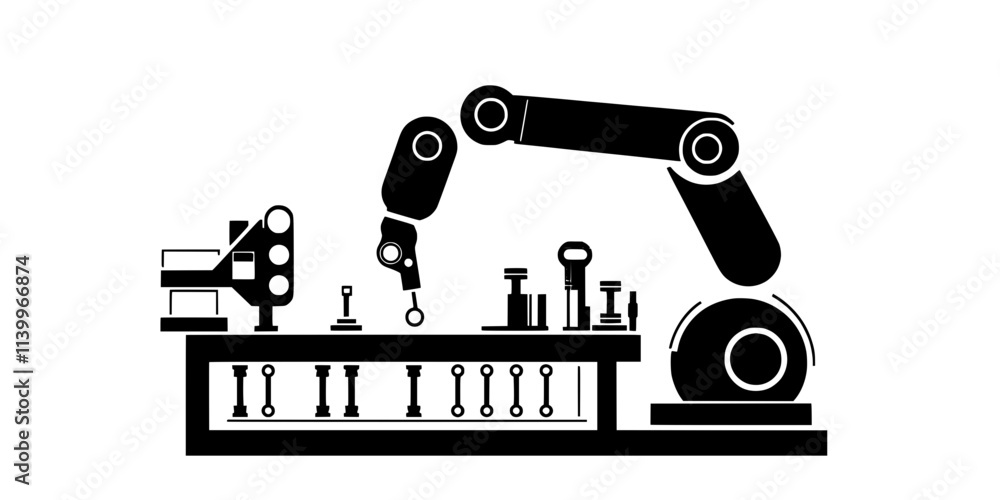 A robotic arm assembling parts on an industrial production line for manufacturing purposes, Digital Art A robotic arm assembling parts on an industrial production line for manufacturing purposes, Digital Art