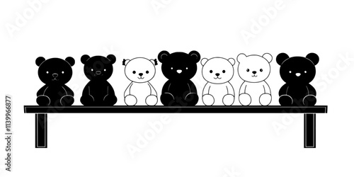 Row of plush toys displayed on a table for examination, Digital Art