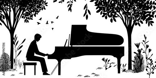 Solo pianist playing a contemporary piece at a community event in a park, Digital Art