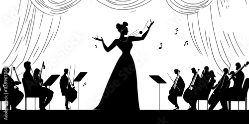 A soprano performing a dramatic aria on stage with orchestral accompaniment, Digital Art