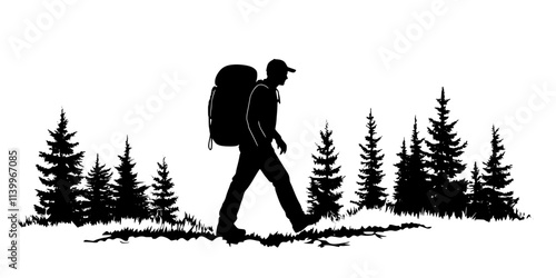 A solo hiker walking with a large backpack along a forest trail, Digital Art