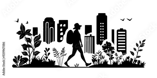 Solo hiker navigating narrow streets in a bustling downtown area, Digital Art