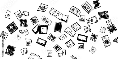A table filled with thematic stamps related to various subjects at a small event, Digital Art