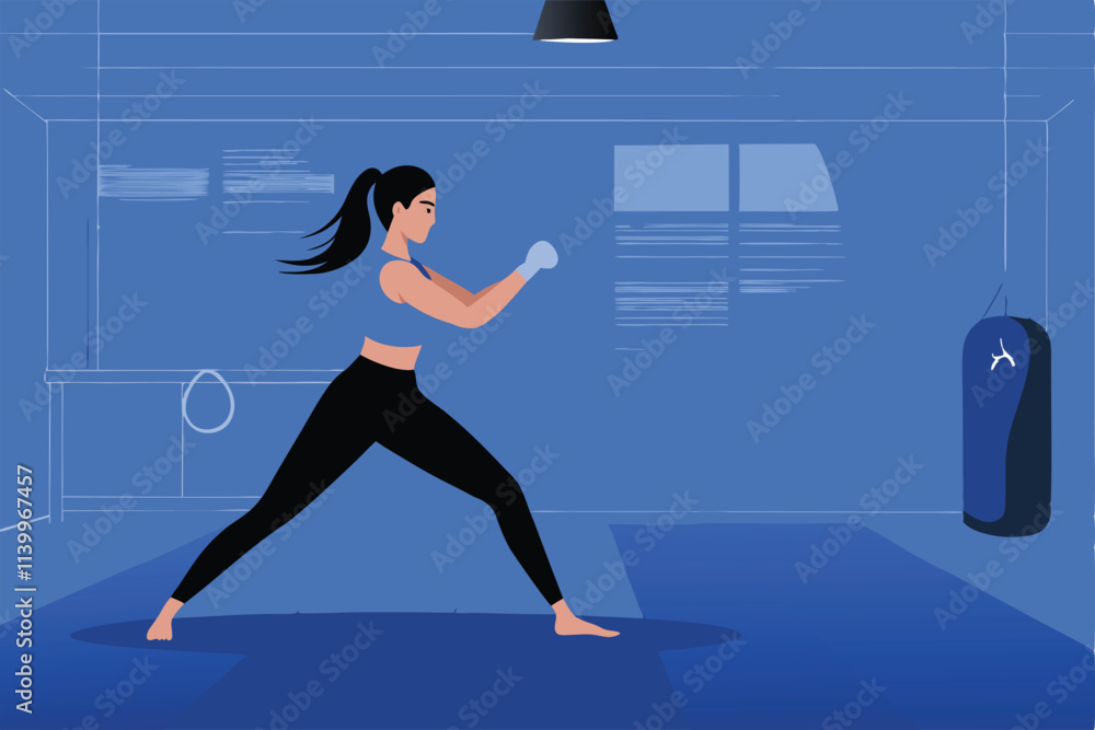 A woman in a virtual reality headset practices self-defense moves aboard a digitally rendered train. Detailed, realistic rendering. A woman in a virtual reality headset practices self-defense moves aboard a digitally rendered train. Detailed, realistic rendering.
