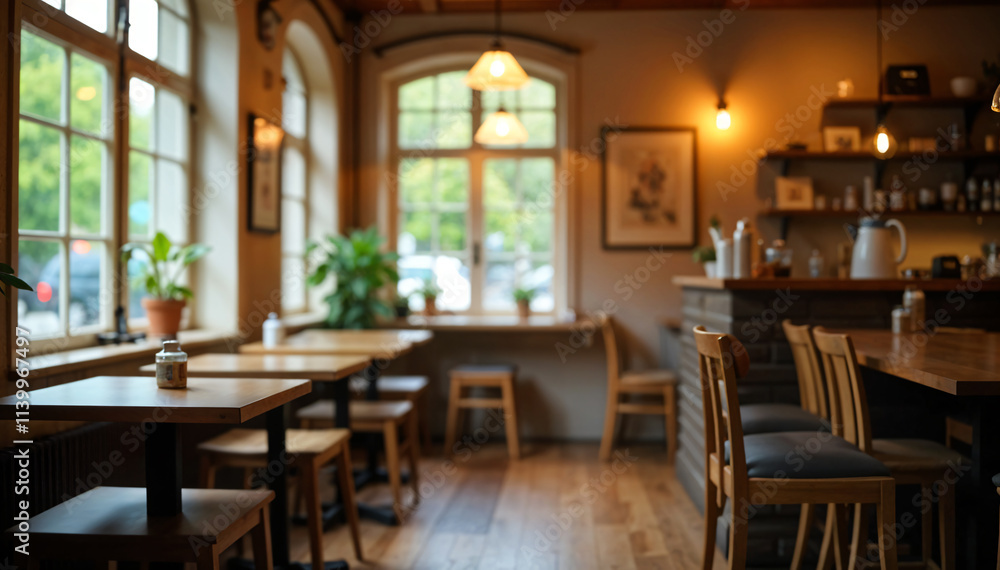 A cozy cafe interior with wooden tables and chairs, softly lit by warm pendant lights. The background is slightly blurred, creating a relaxed atmosphere, ideal for socializing or working. A cozy cafe interior with wooden tables and chairs, softly lit by warm pendant lights. The background is slightly blurred, creating a relaxed atmosphere, ideal for socializing or working.
