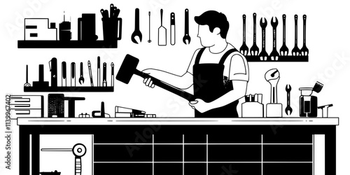 Worker holding an old hammer next to a collection of vintage tools on display, Digital Art