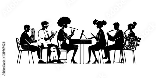 Workshop setting where participants learn the basics of improv acting, Digital Art