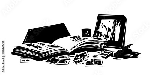 An assortment of postage stamps lying next to an open album in a private room, Digital Art