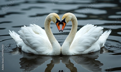 Pair of white swans heart shape symmetrical composition photo