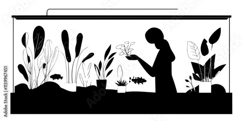 An individual arranging plants inside a reptile tank to create a natural living environment, Digital Art