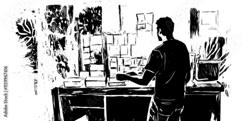 Artist layering inked blocks to create a detailed and textured woodblock print, Digital Art