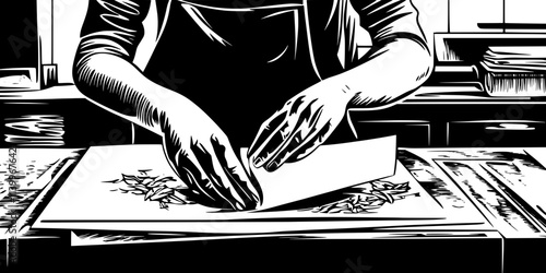 Artist pressing paper onto a freshly inked linocut block to create prints, Digital Art